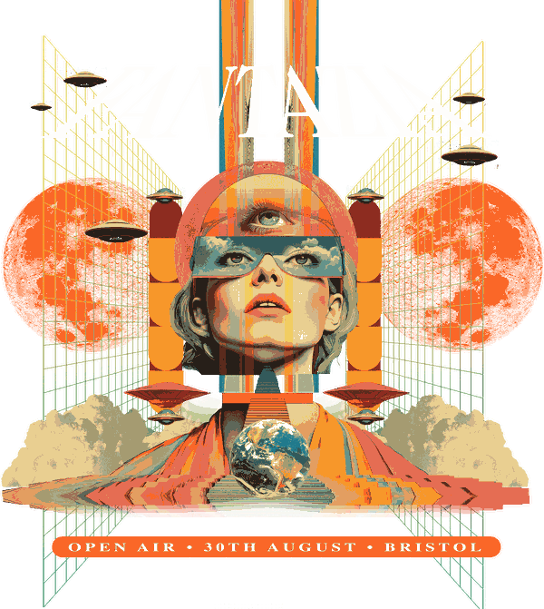 FANTAZIA — surreal collage featuring a woman wearing a sky-visor, classical bust, UFOs and orange moons against a wireframe perspective grid